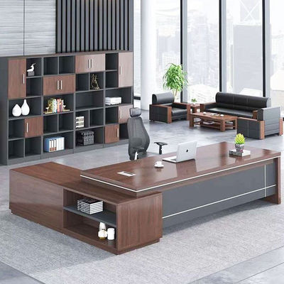 Executive Boss Office Desk Table - 2200mm Wood Grain Melamine Design with Side Cabinet